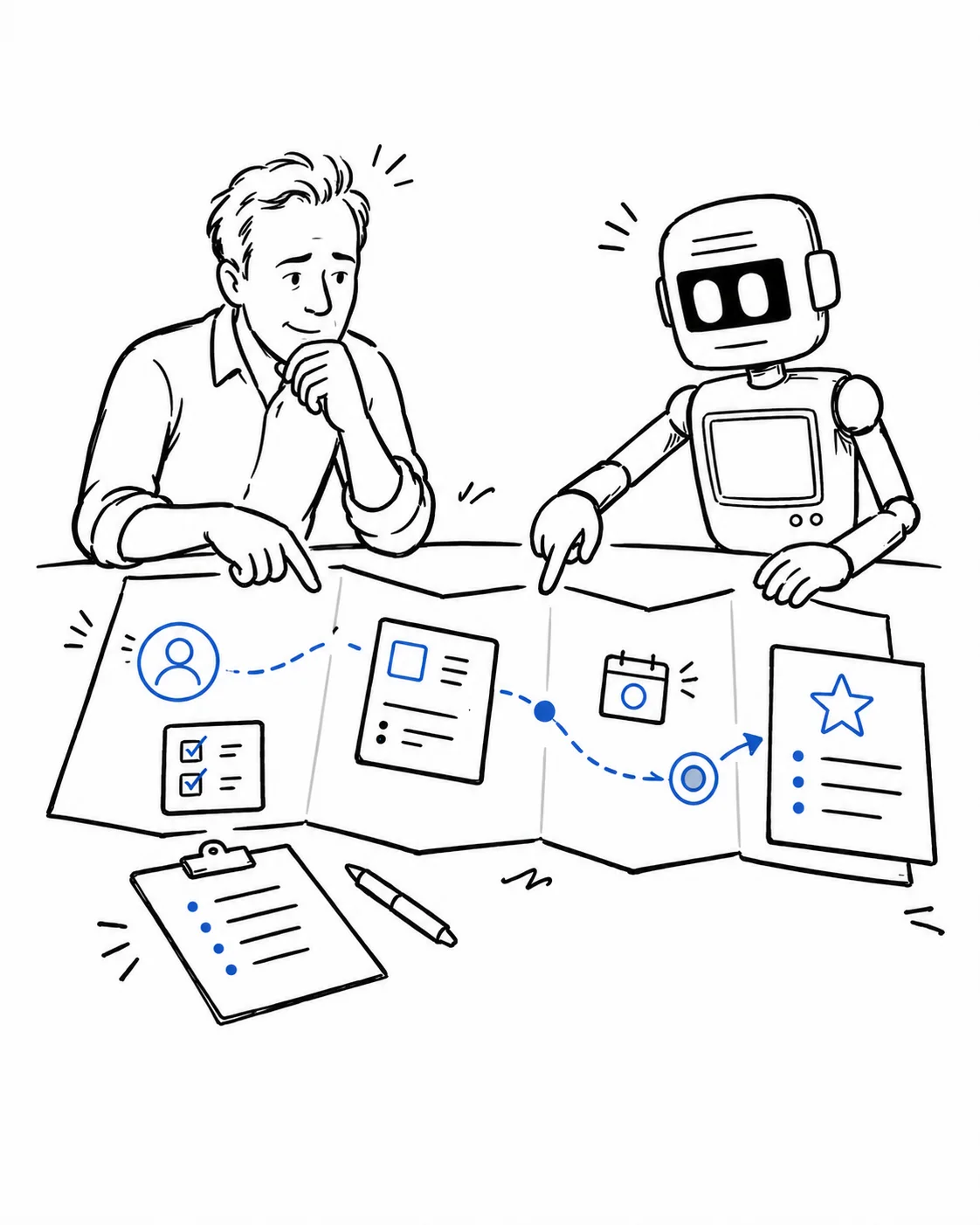 A person and AI assistant map how information and responsibility move through a business.