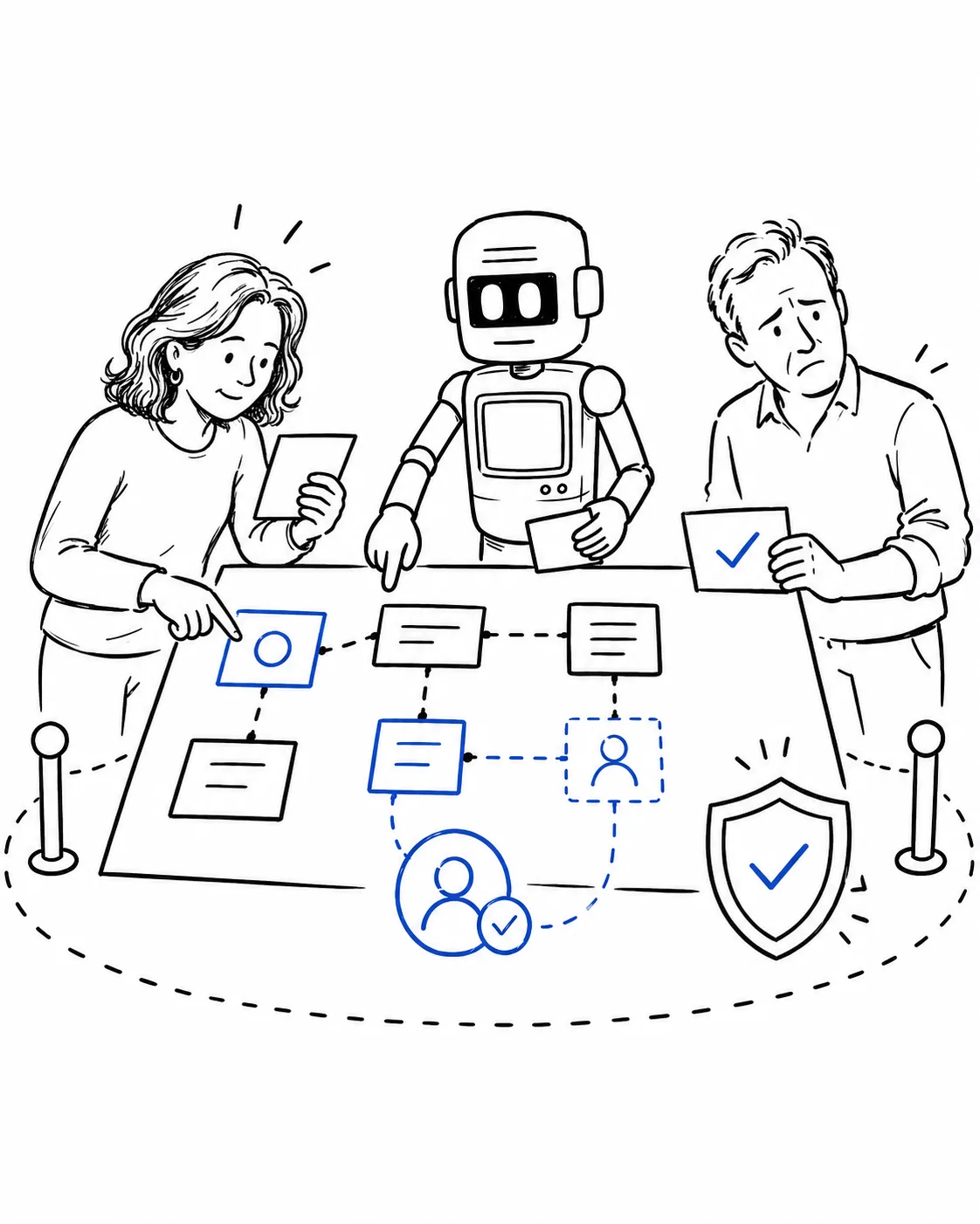 Two people and an AI assistant build a responsible working plan with visible safeguards.