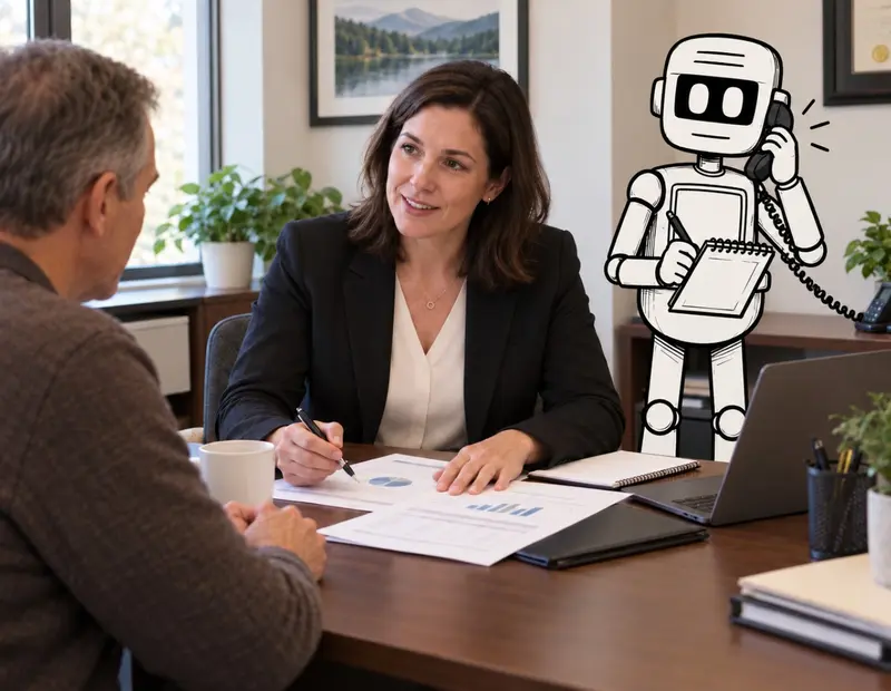 Financial professional meeting with a client beside an illustrated AI assistant