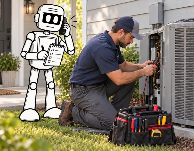 HVAC technician servicing an outdoor unit with an illustrated AI assistant