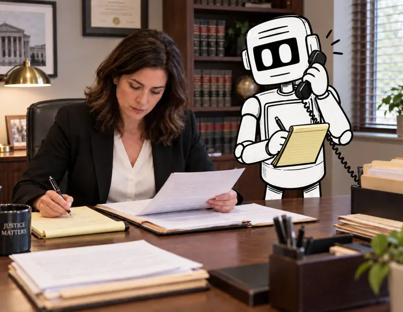Attorney reviewing client documents with an illustrated AI assistant handling a call